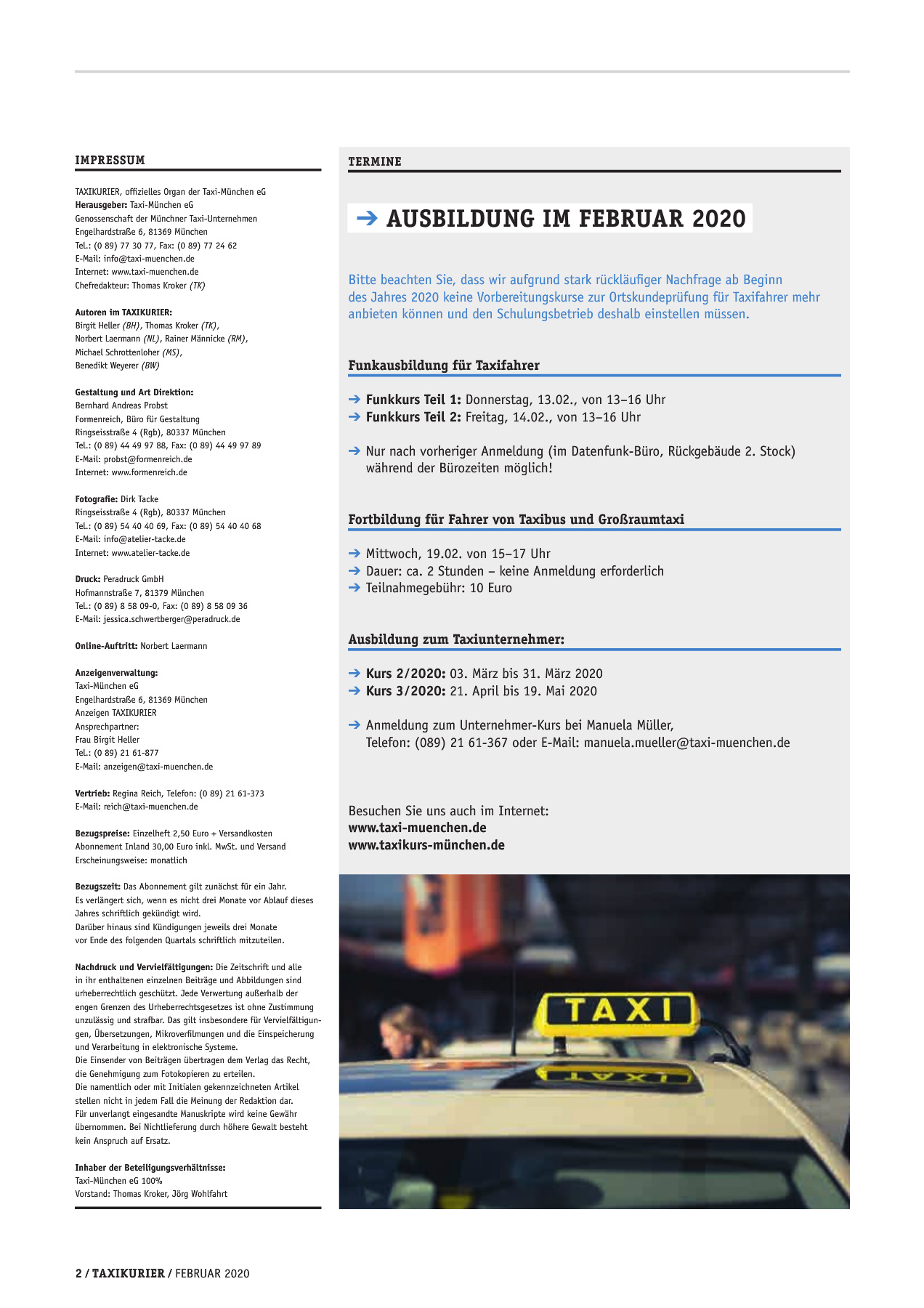Originalseite 2 der Ausgabe Taxikurier Februar 2020