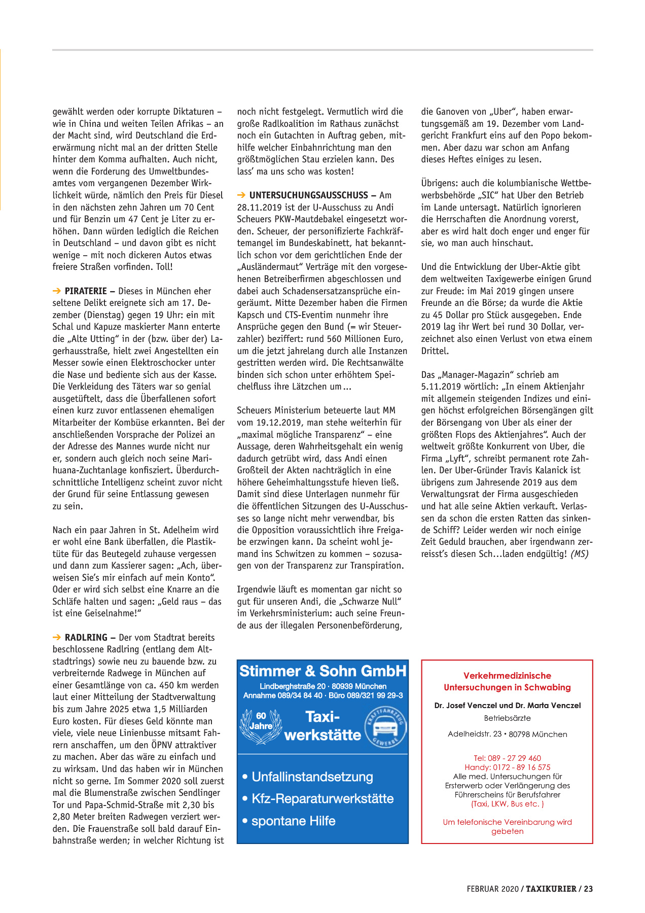 Originalseite 23 der Ausgabe Taxikurier Februar 2020