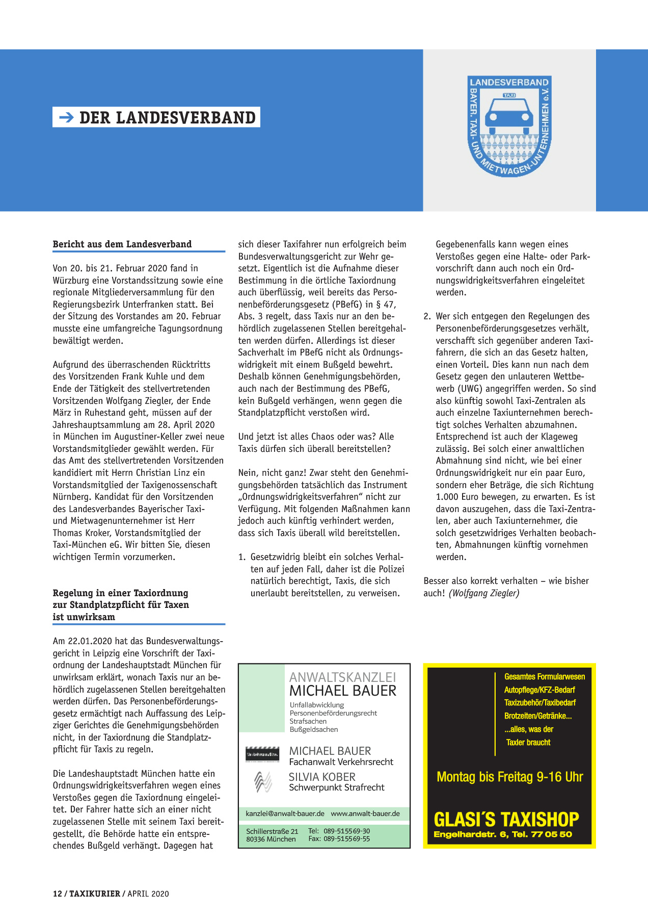 Originalseite 12 der Ausgabe Taxikurier April 2020