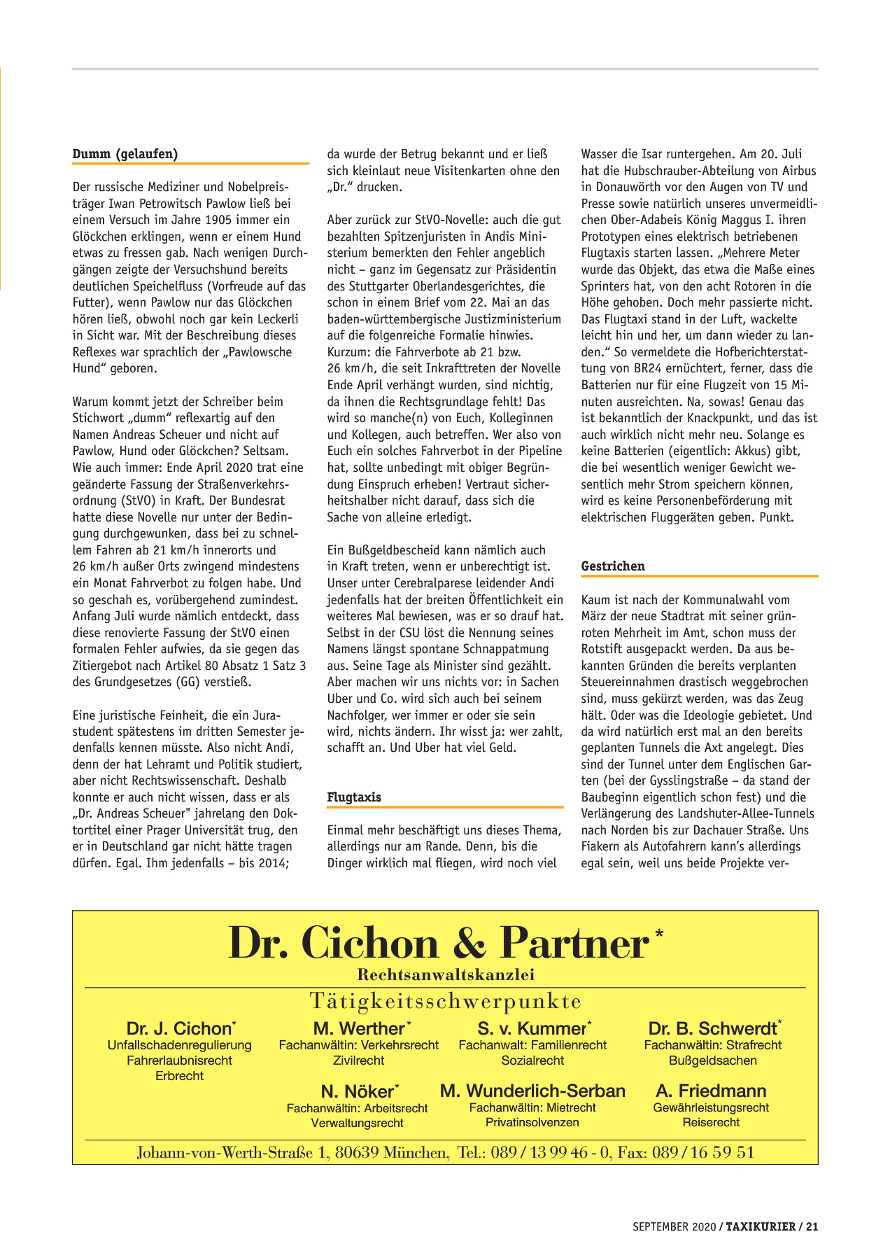 Originalseite 21 der Ausgabe Taxikurier September 2020
