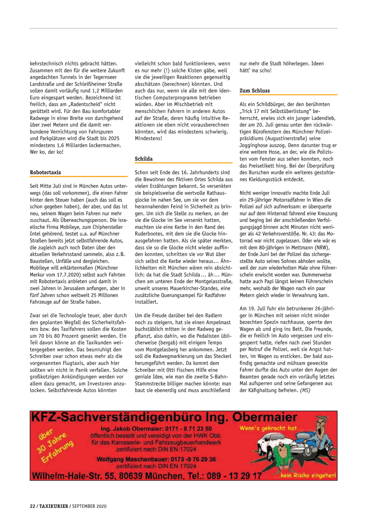 Originalseite 22 der Ausgabe Taxikurier September 2020