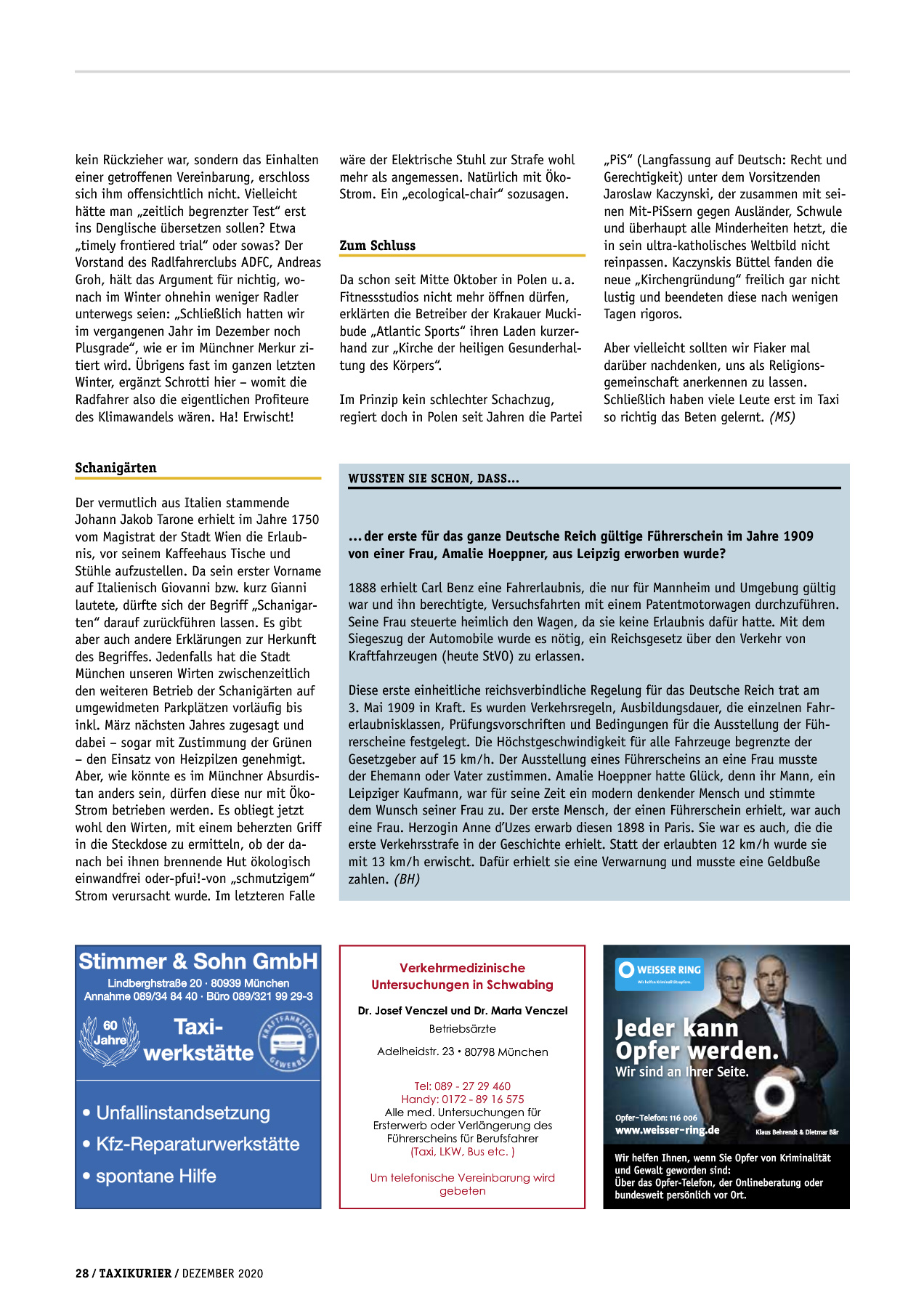 Originalseite 28 der Ausgabe Taxikurier Dezember 2020