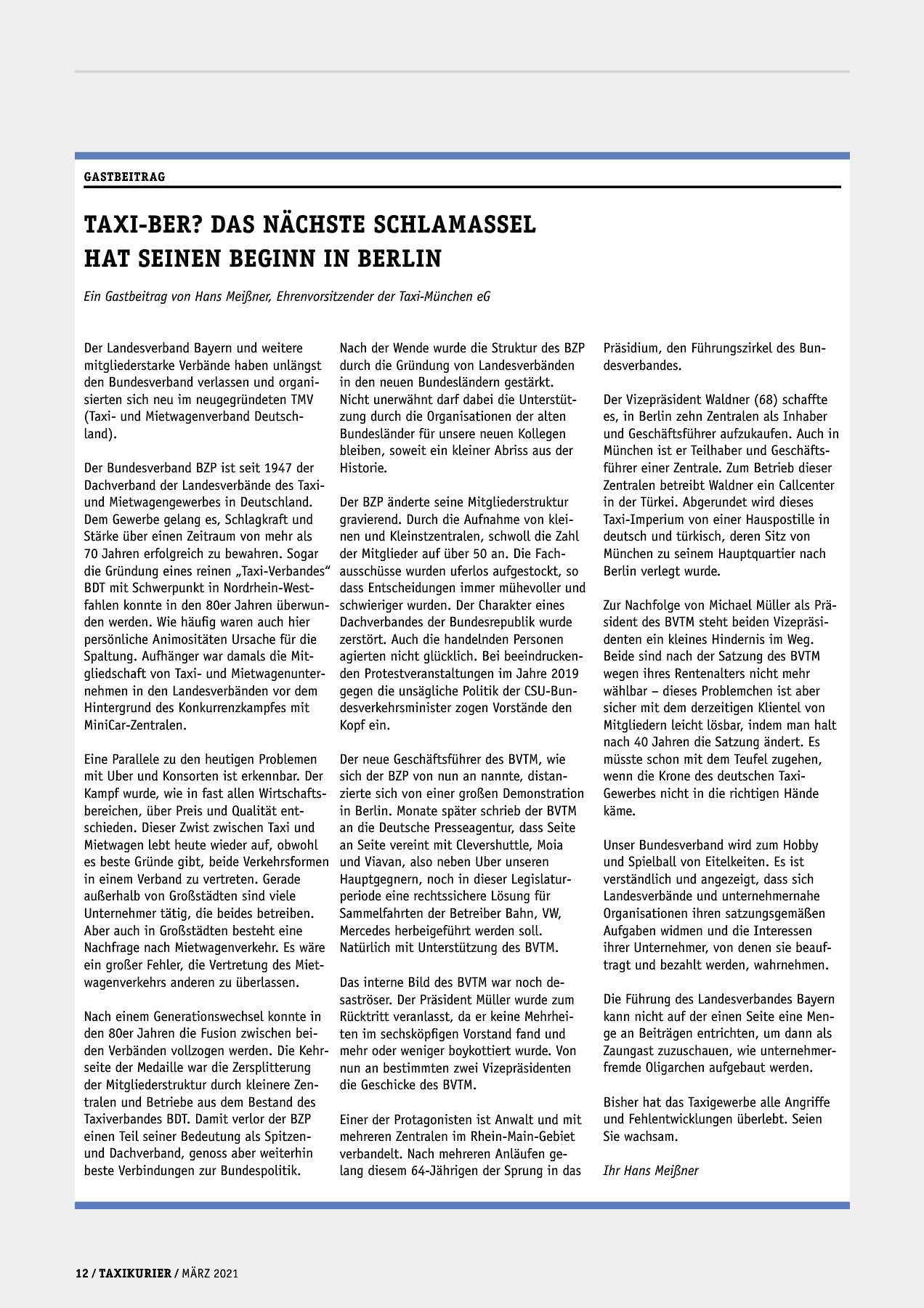Originalseite 12 der Ausgabe Taxikurier März 2021