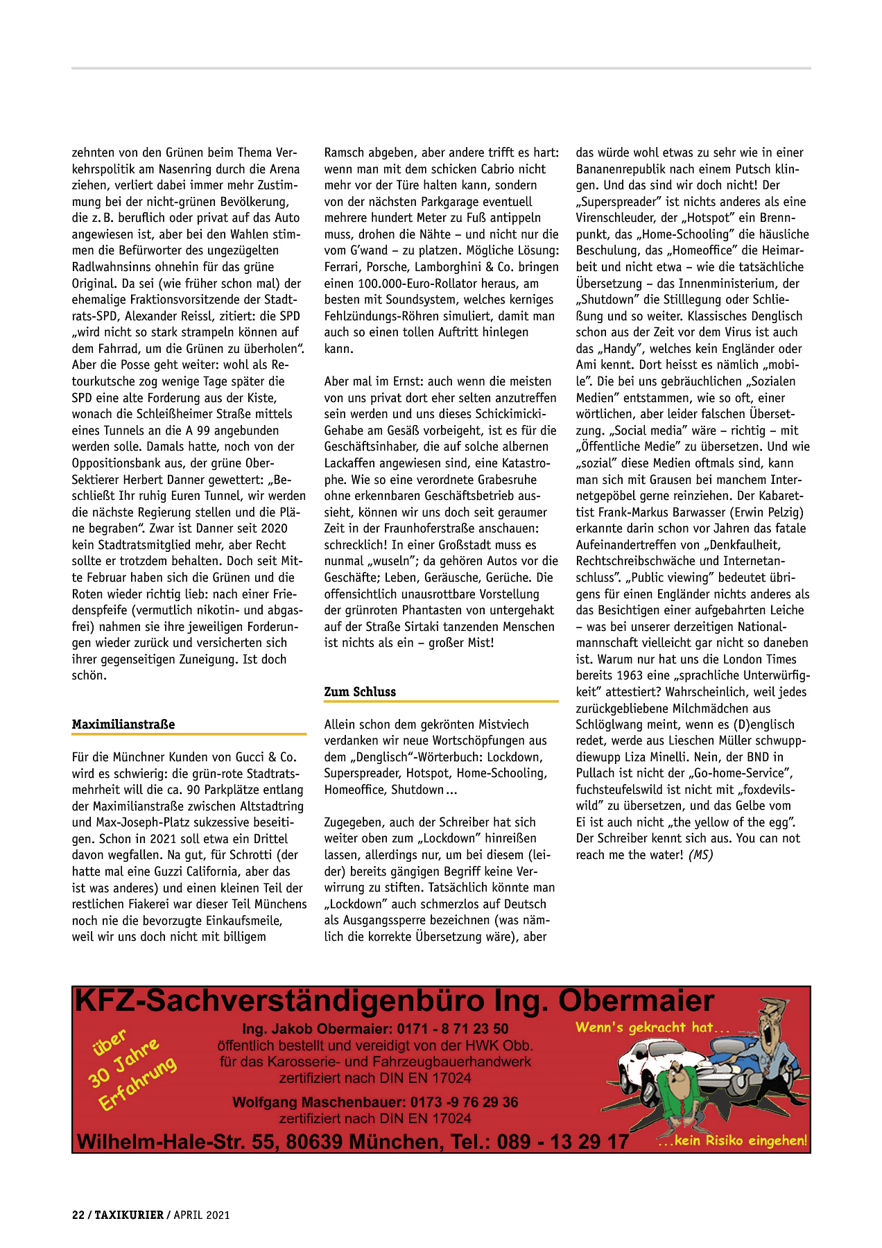 Originalseite 22 der Ausgabe Taxikurier April 2021