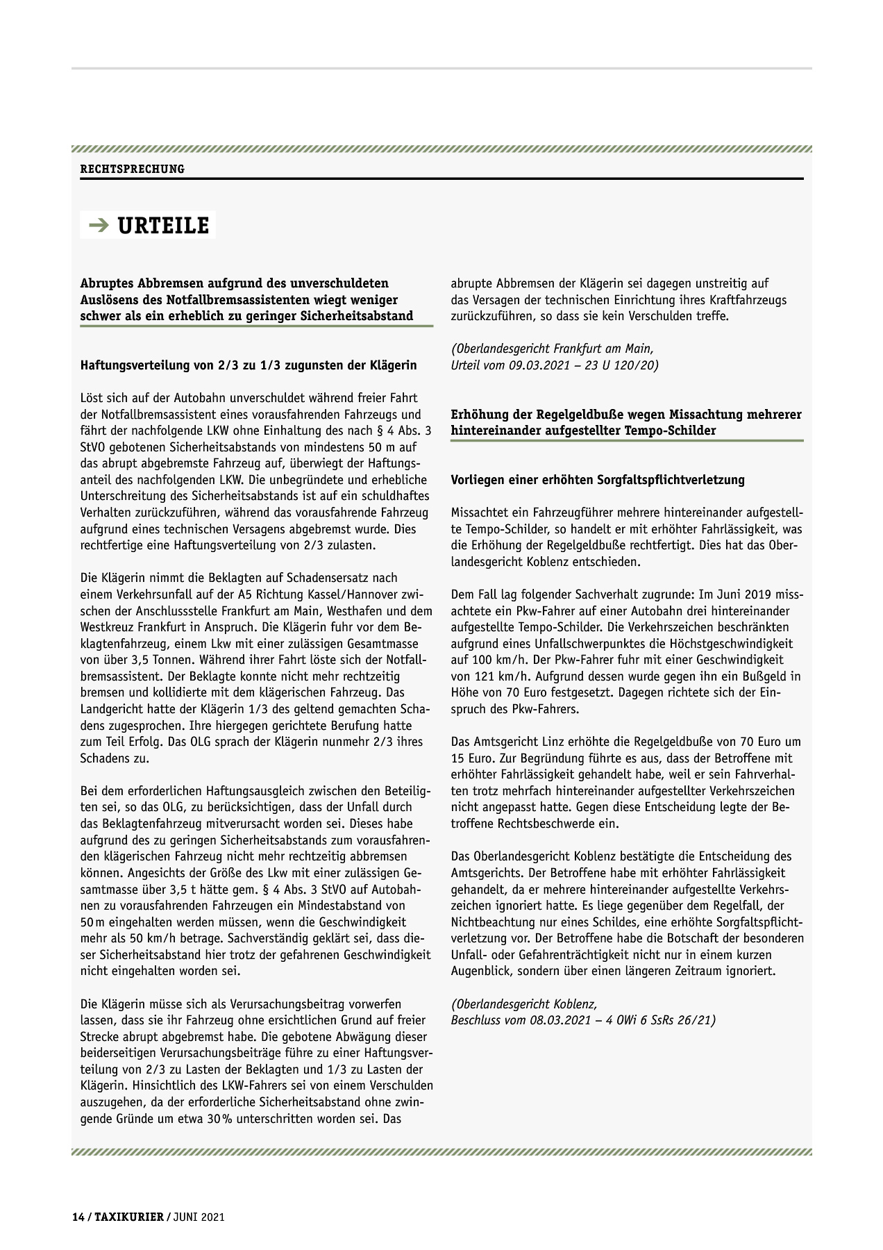 Originalseite 14 der Ausgabe Taxikurier Juni 2021