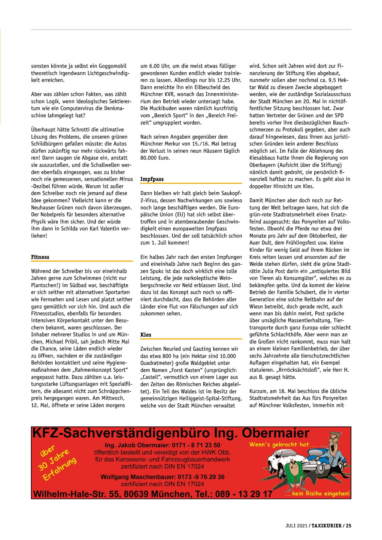 Originalseite 25 der Ausgabe Taxikurier Juli 2021