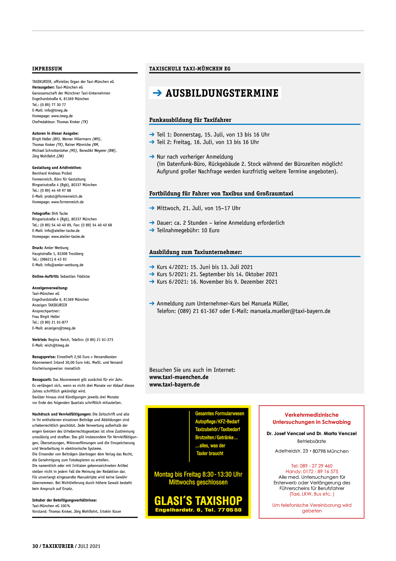 Originalseite 30 der Ausgabe Taxikurier Juli 2021