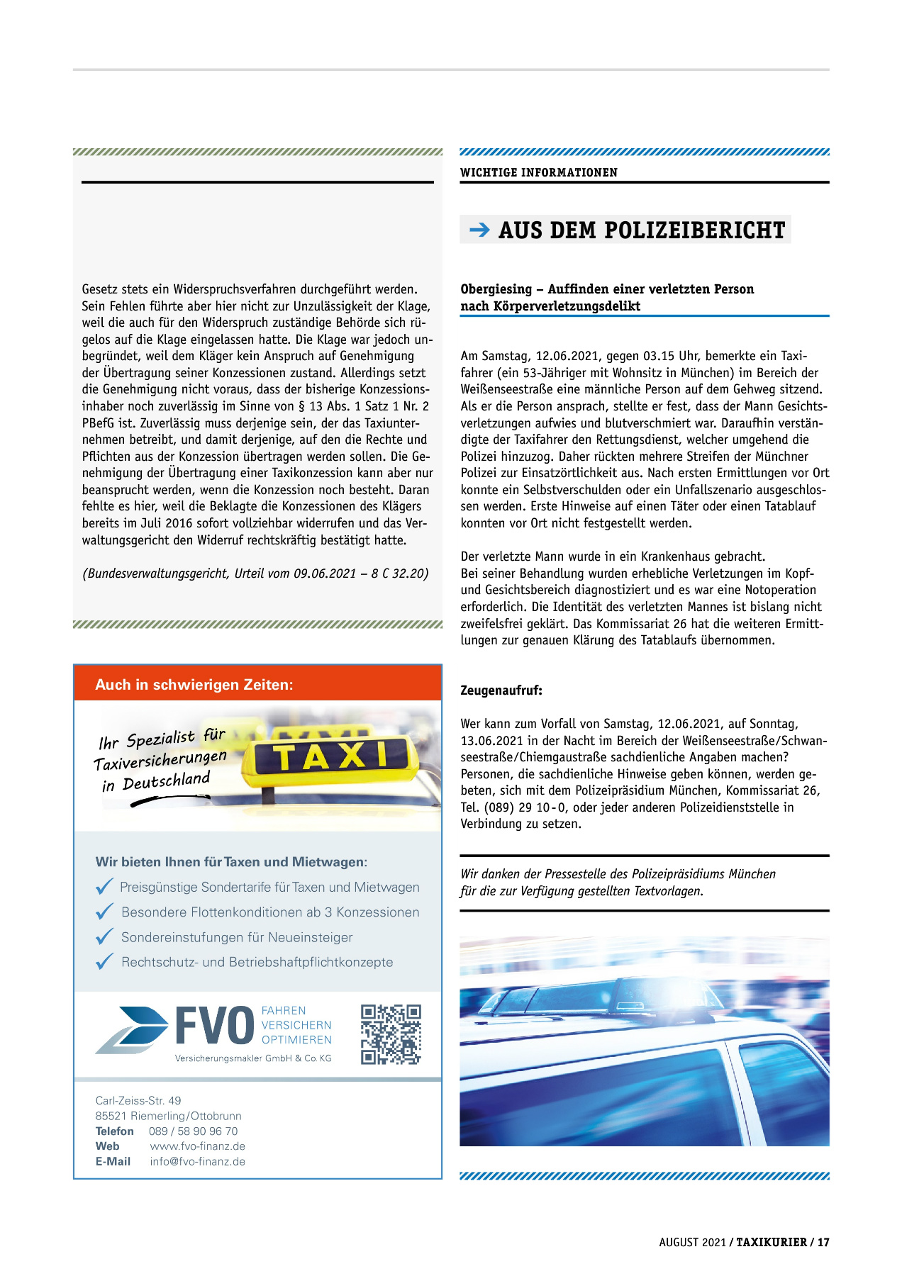 Originalseite 17 der Ausgabe Taxikurier August 2021