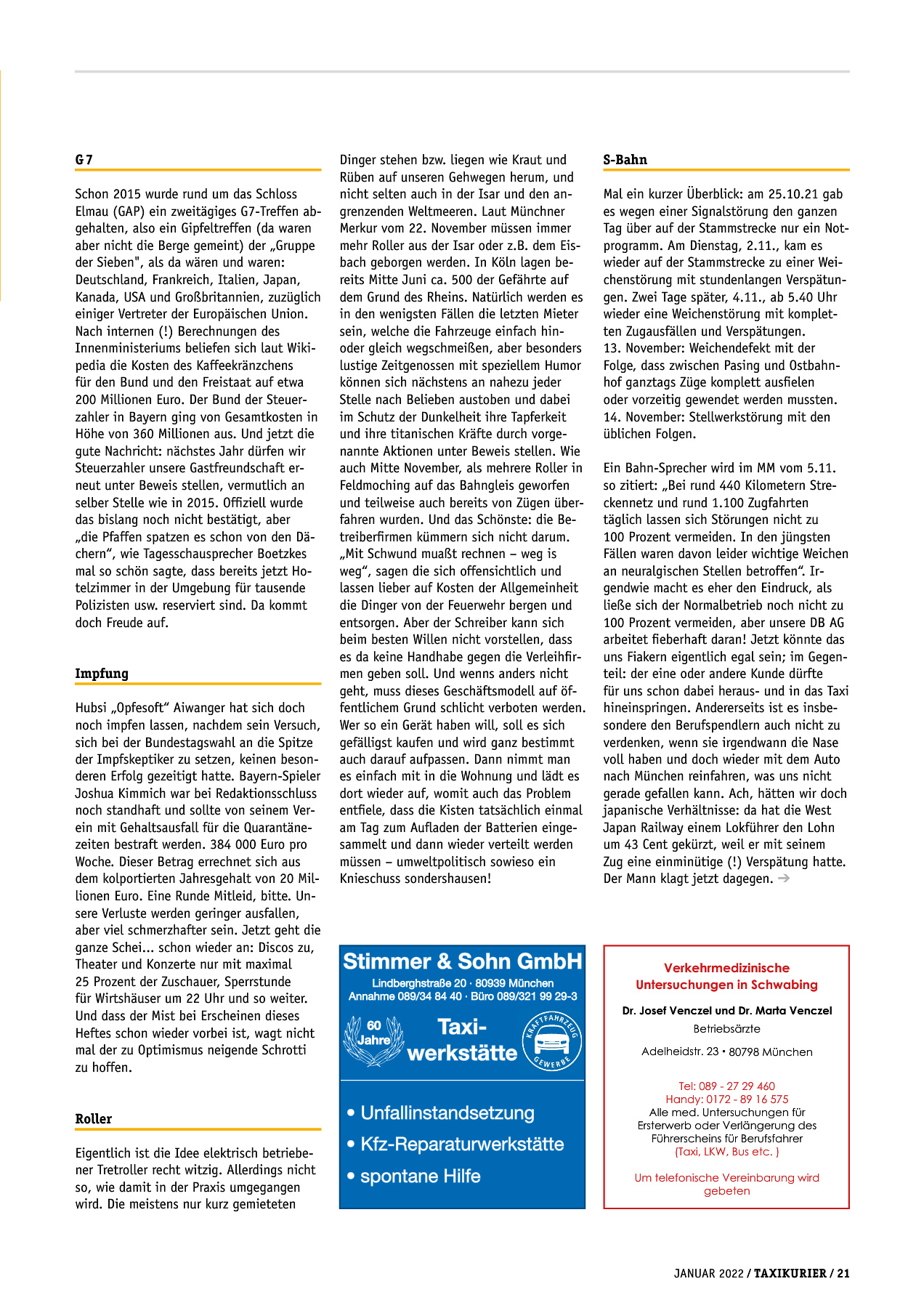 Originalseite 21 der Ausgabe Taxikurier Januar 2022