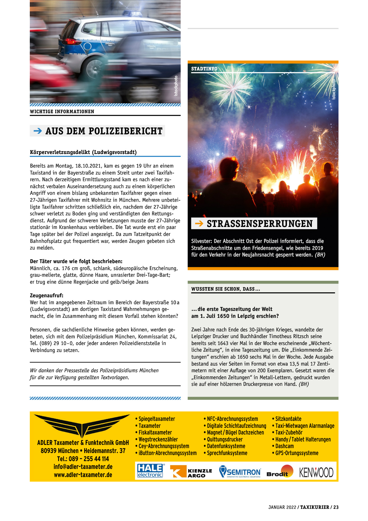 Originalseite 23 der Ausgabe Taxikurier Januar 2022