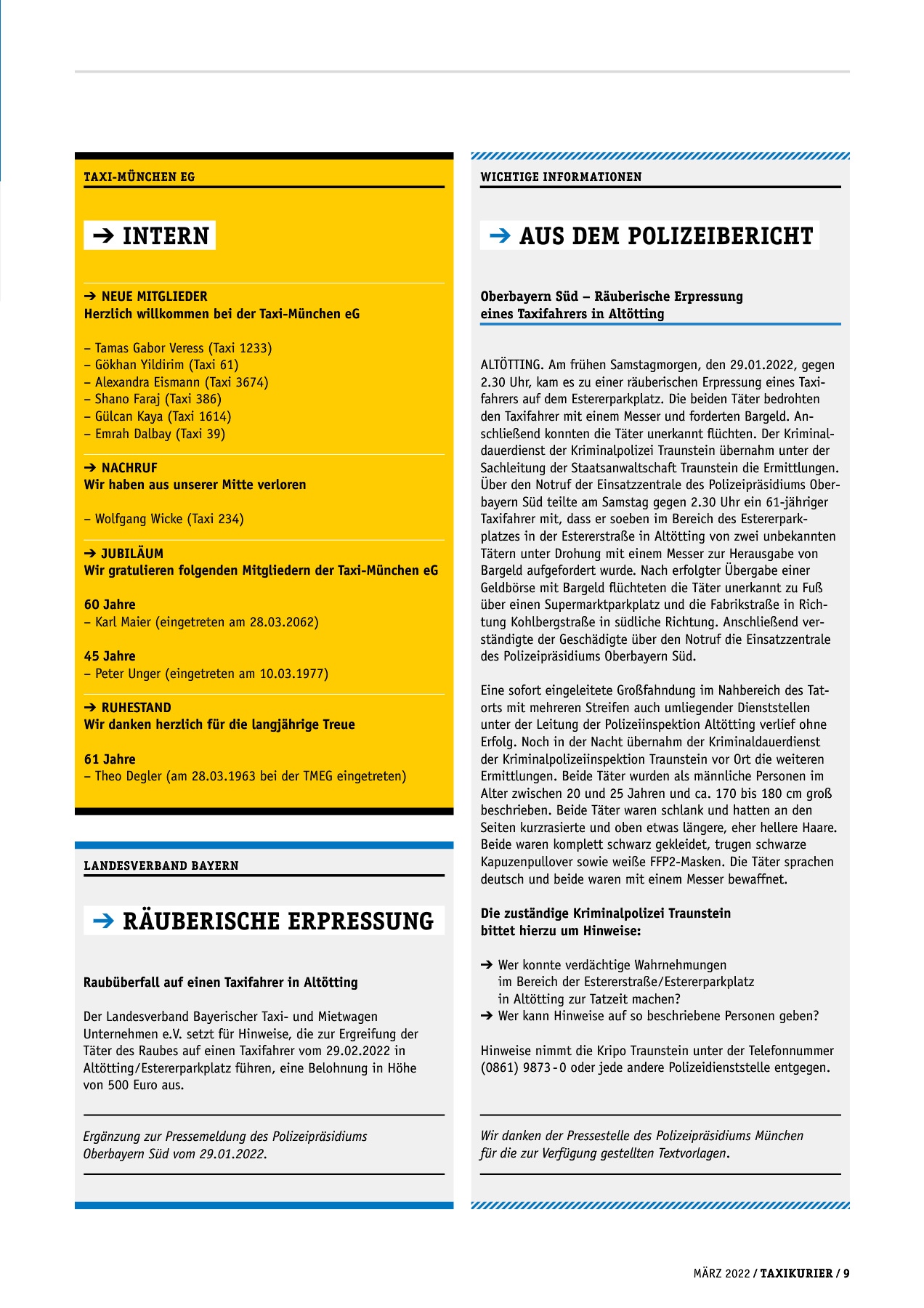 Originalseite 9 der Ausgabe Taxikurier März 2022