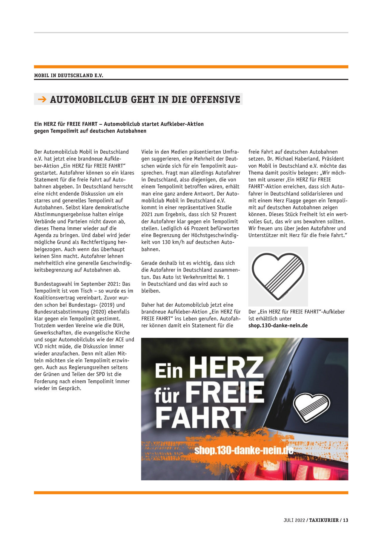 Originalseite 13 der Ausgabe Taxikurier Juli 2022