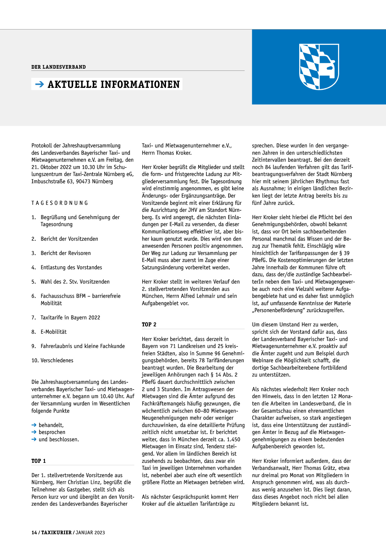 Originalseite 14 der Ausgabe Taxikurier Januar 2023