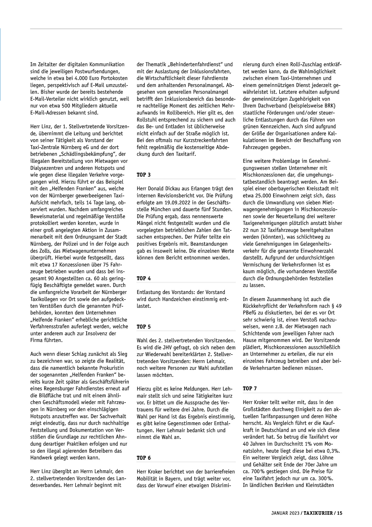 Originalseite 15 der Ausgabe Taxikurier Januar 2023