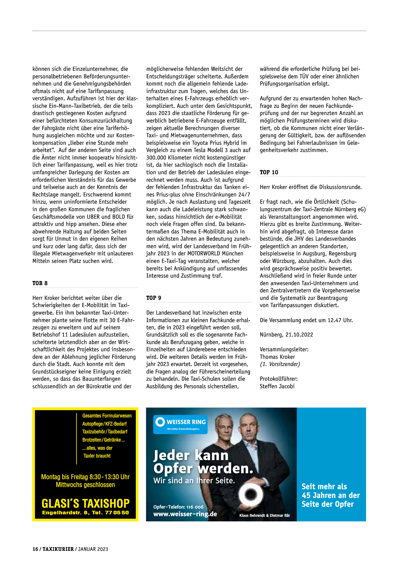 Originalseite 16 der Ausgabe Taxikurier Januar 2023