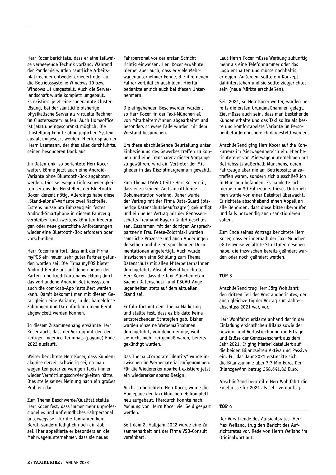 Originalseite 8 der Ausgabe Taxikurier Januar 2023
