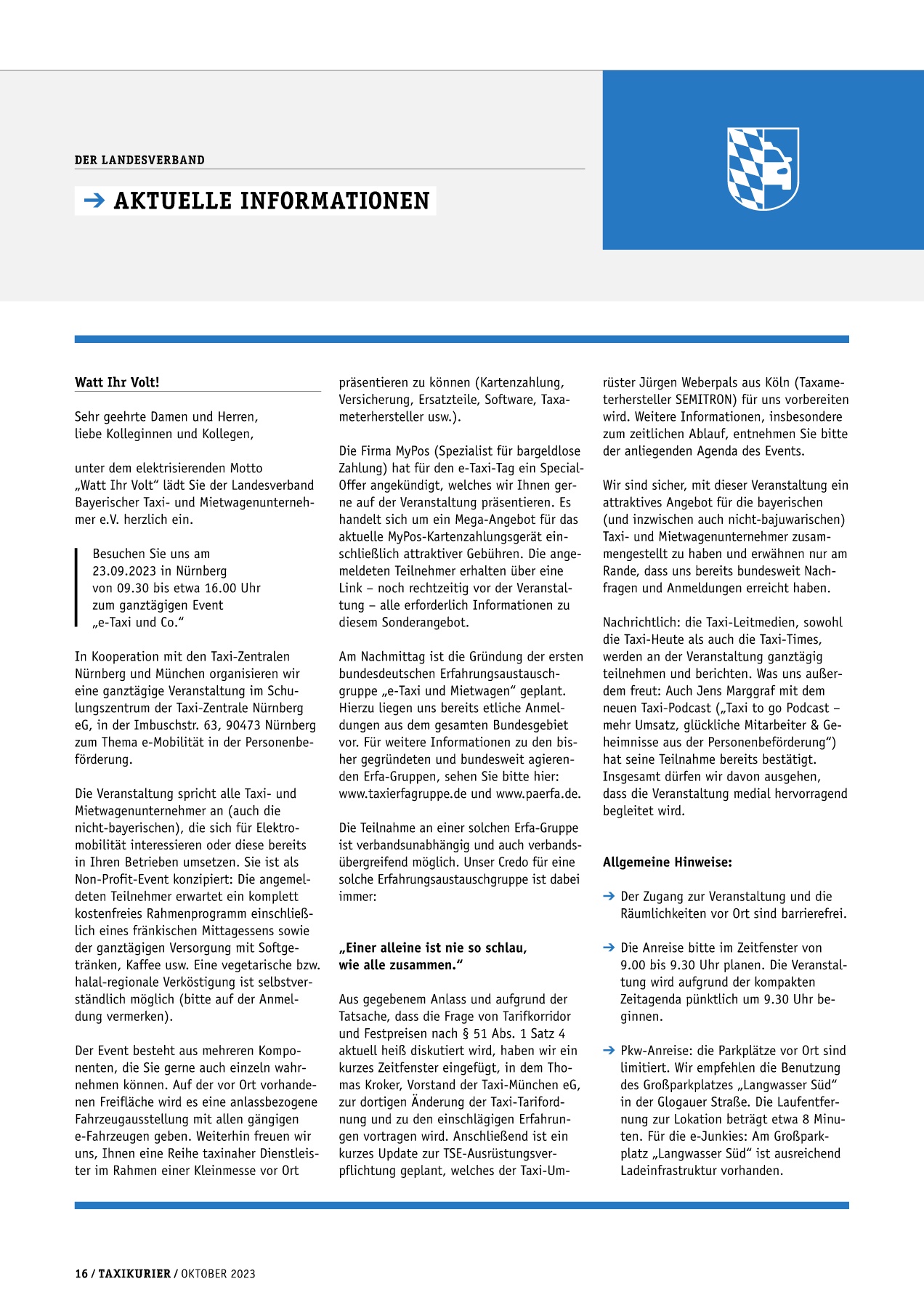 Originalseite 16 der Ausgabe Taxikurier Oktober 2023
