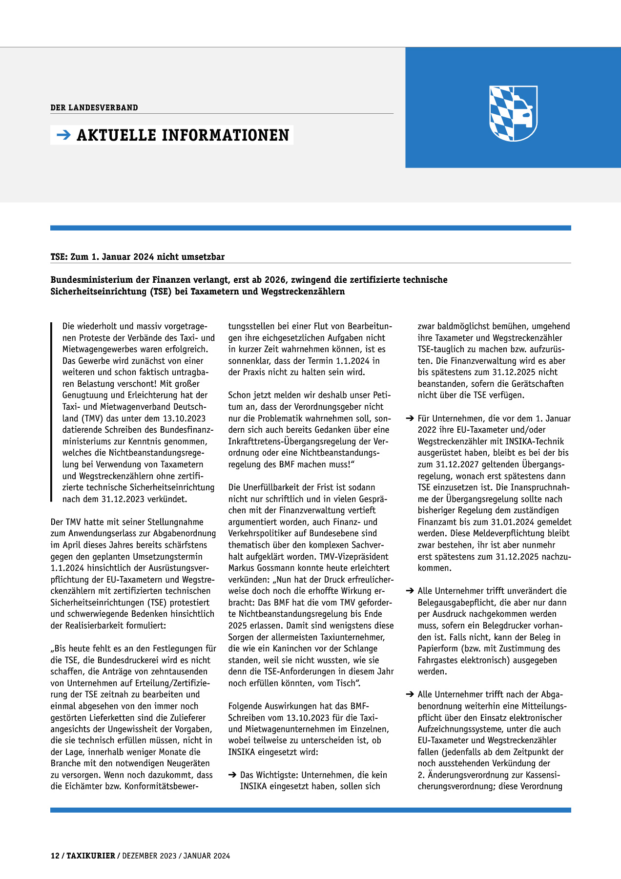Originalseite 12 der Ausgabe Taxikurier Dezember 2023 und Januar 2024