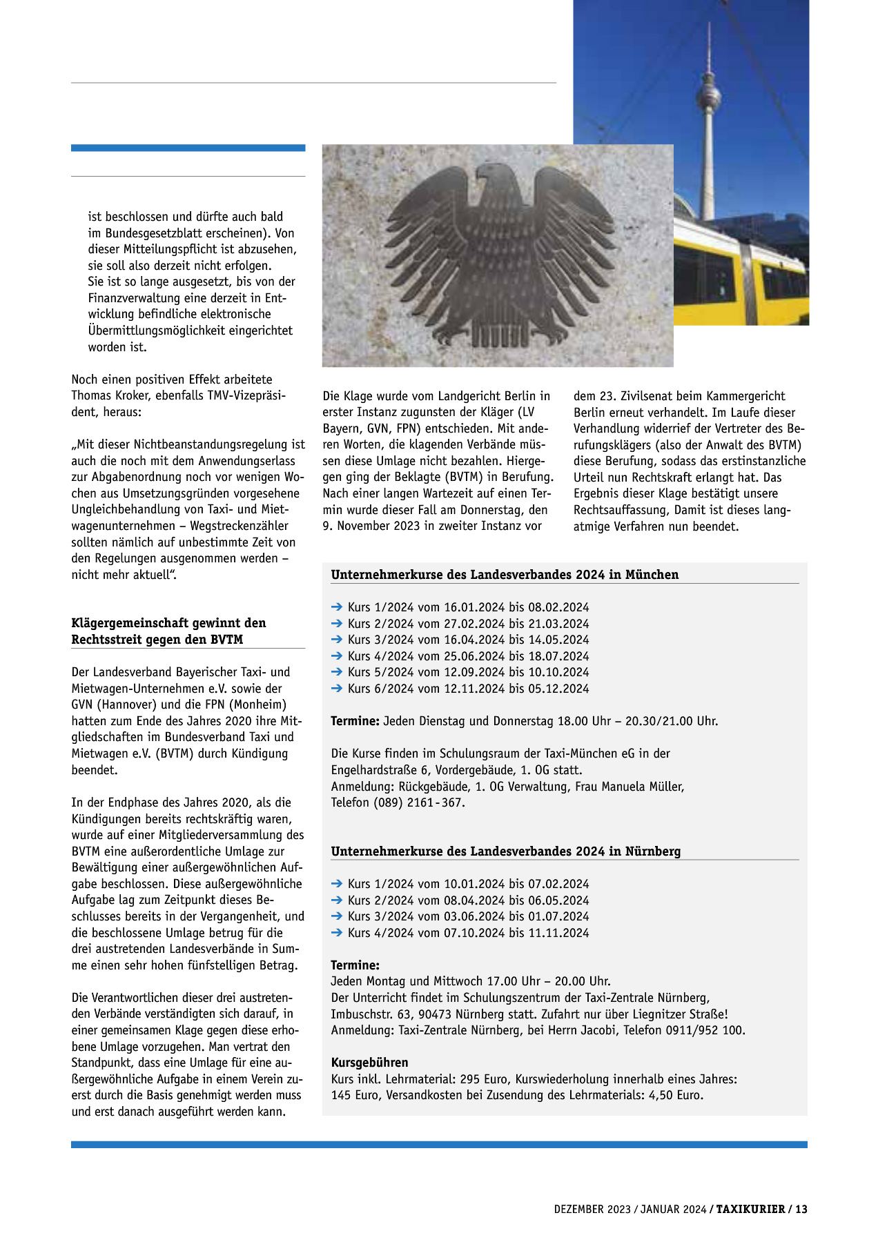 Originalseite 13 der Ausgabe Taxikurier Dezember 2023 und Januar 2024