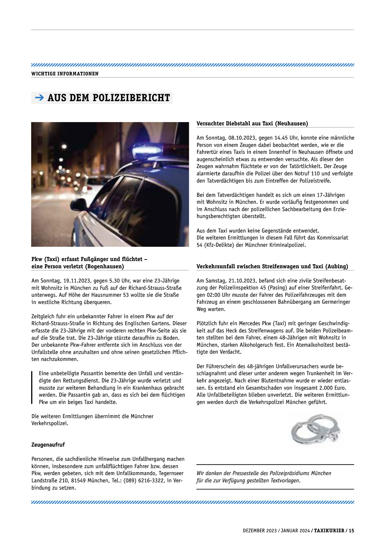 Originalseite 15 der Ausgabe Taxikurier Dezember 2023 und Januar 2024
