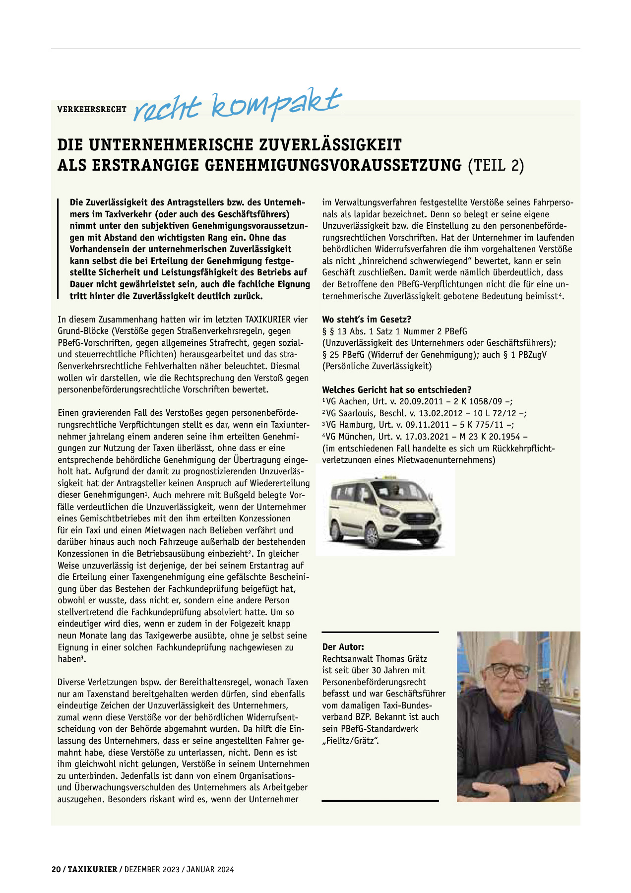 Originalseite 20 der Ausgabe Taxikurier Dezember 2023 und Januar 2024