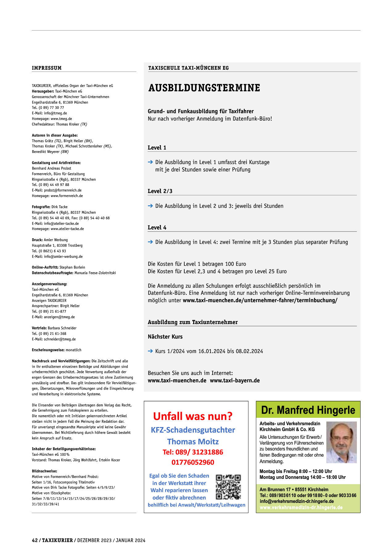 Originalseite 42 der Ausgabe Taxikurier Dezember 2023 und Januar 2024