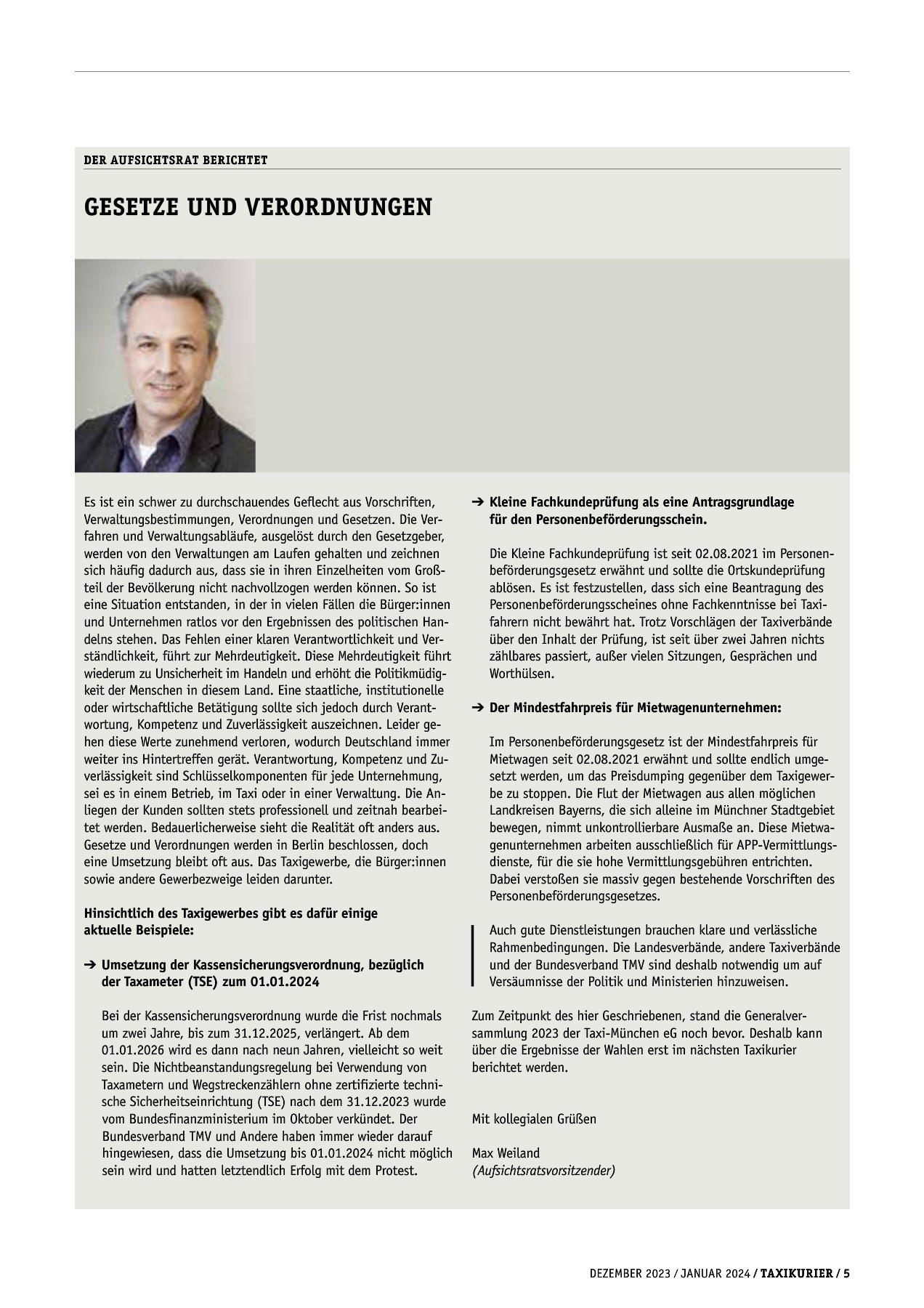 Originalseite 5 der Ausgabe Taxikurier Dezember 2023 und Januar 2024