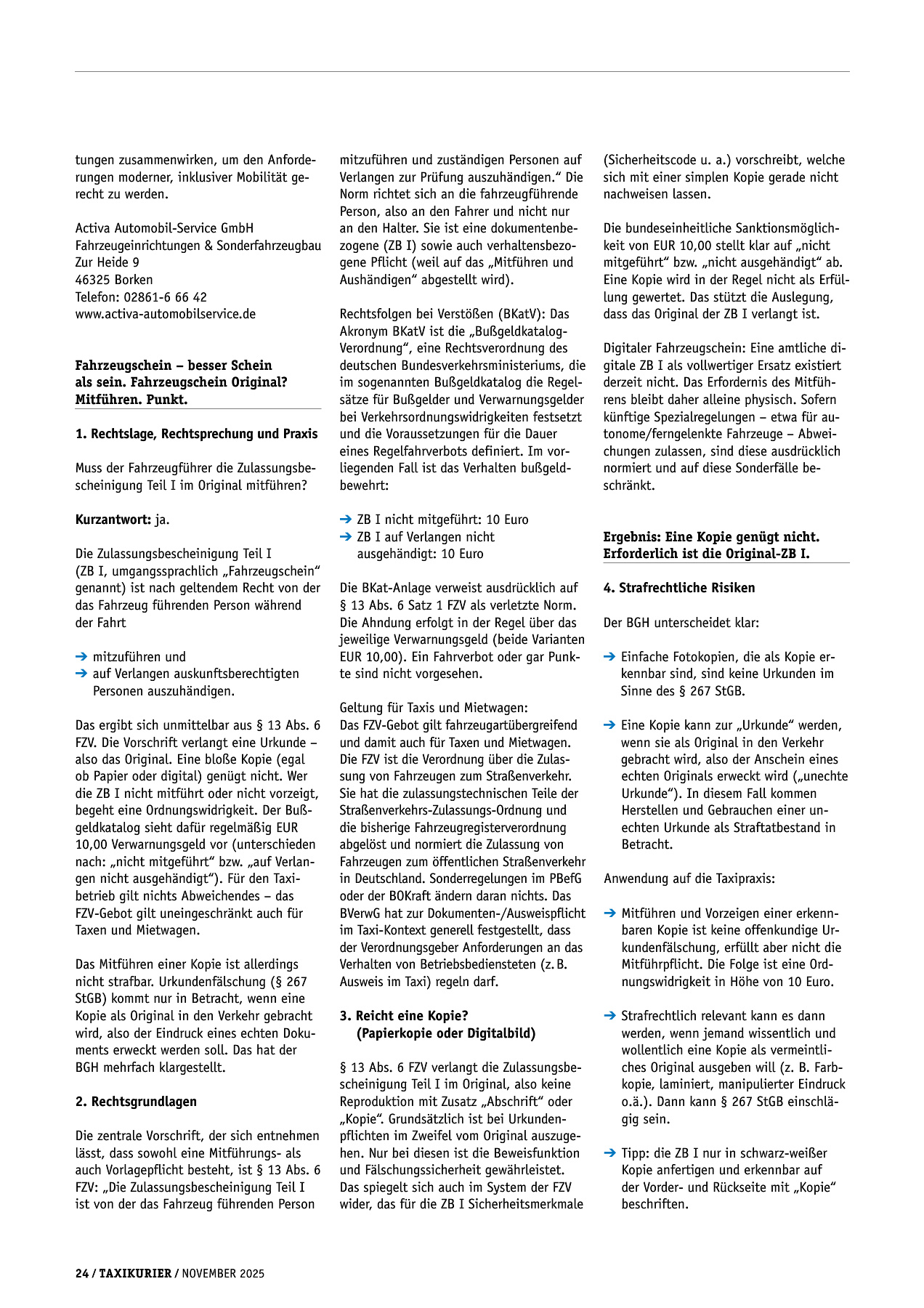 Originalseite 24 der Ausgabe Taxikurier November 2025