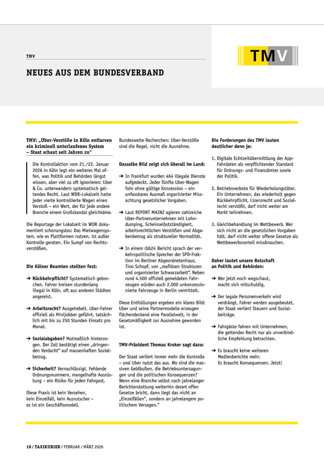 Originalseite 18 der Ausgabe Taxikurier Februar und März 2026
