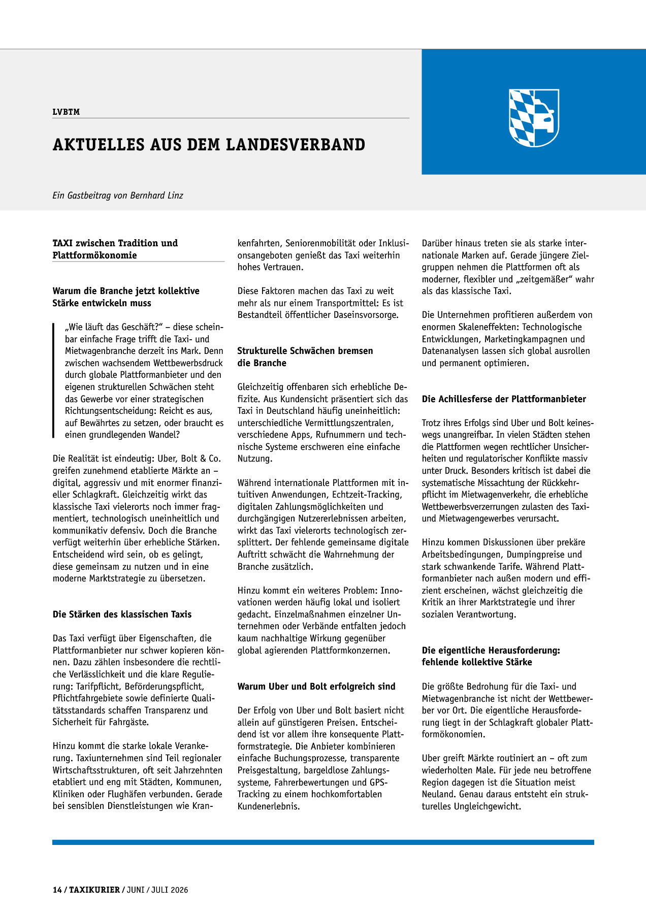 Originalseite 14 der Ausgabe Taxikurier Juni und Juli 2026