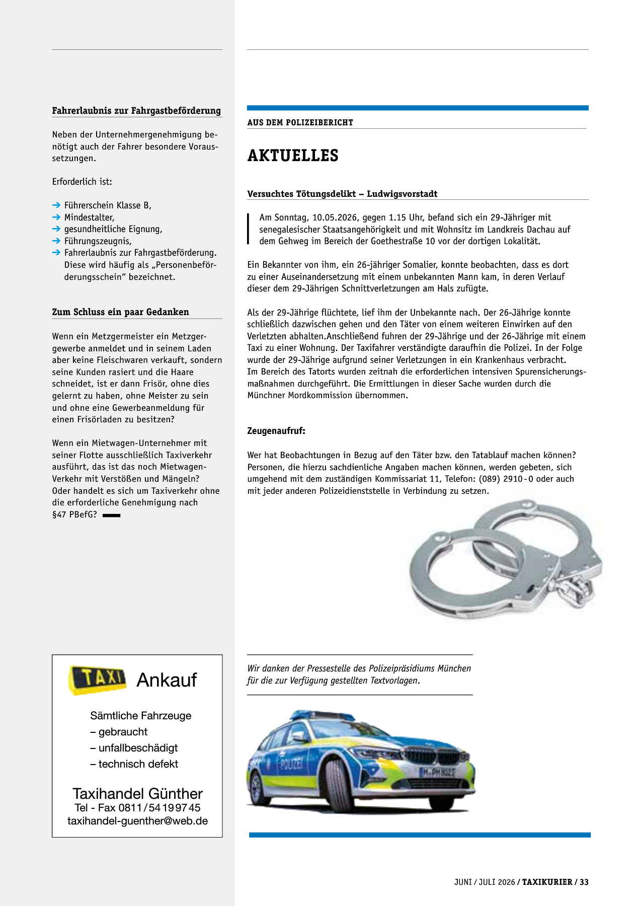 Originalseite 33 der Ausgabe Taxikurier Juni und Juli 2026