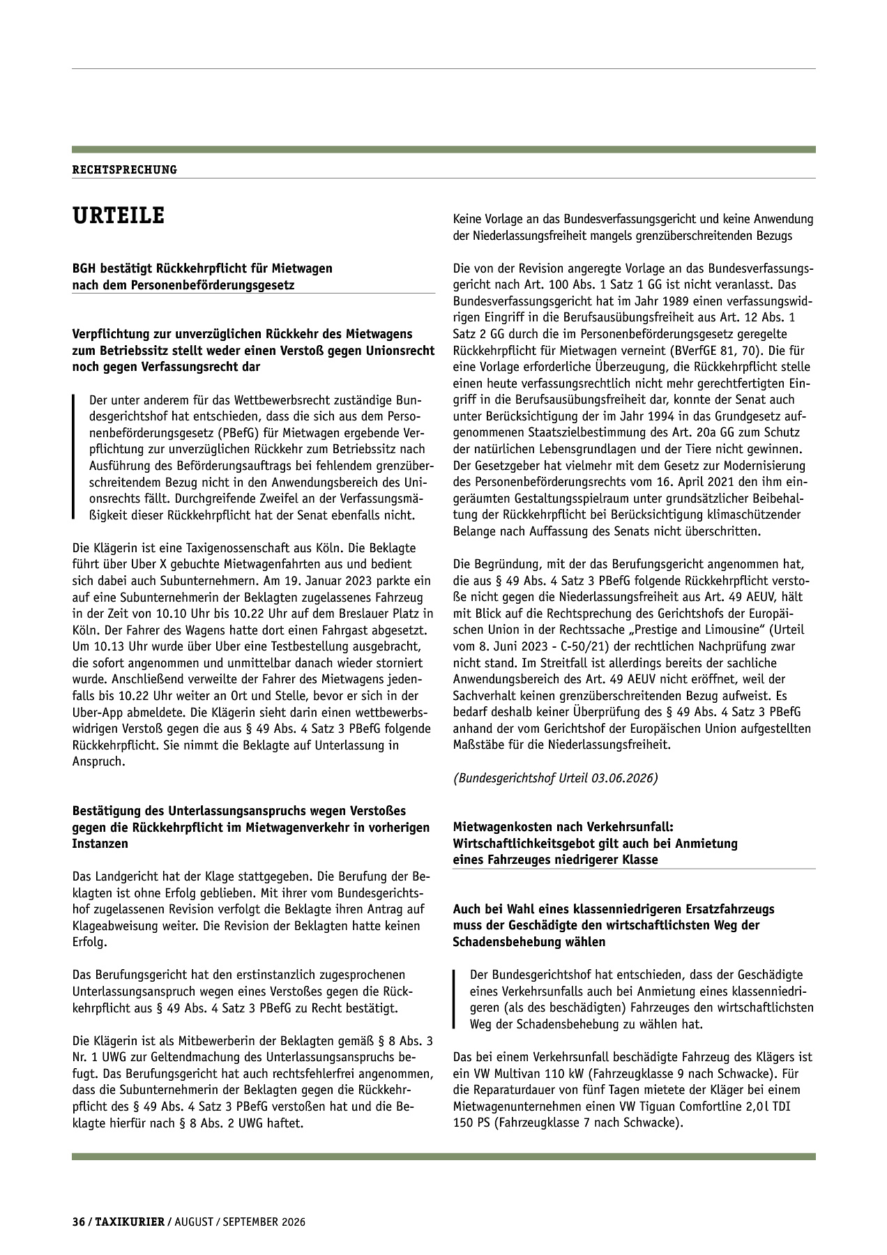 Originalseite 36 der Ausgabe Taxikurier August und September 2026